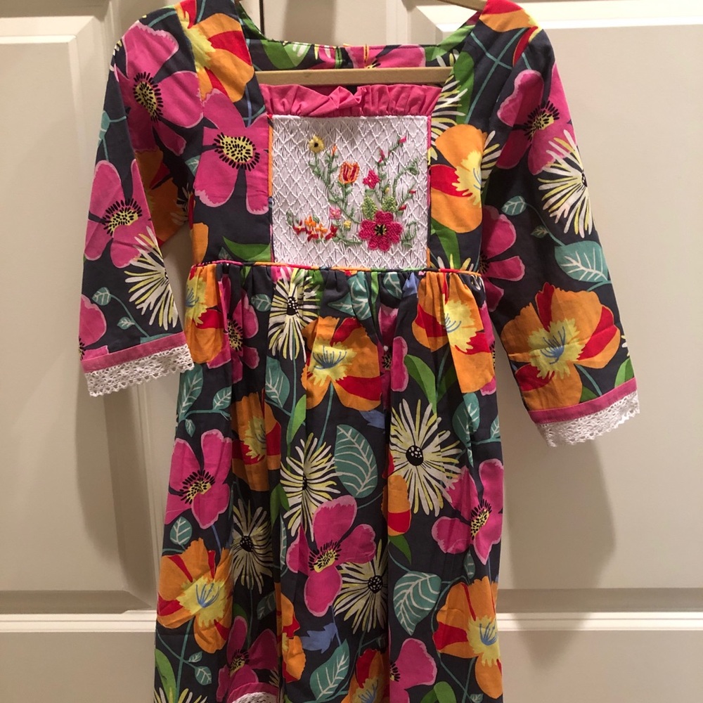 Smocked Tropical Long Sleeve Dress
